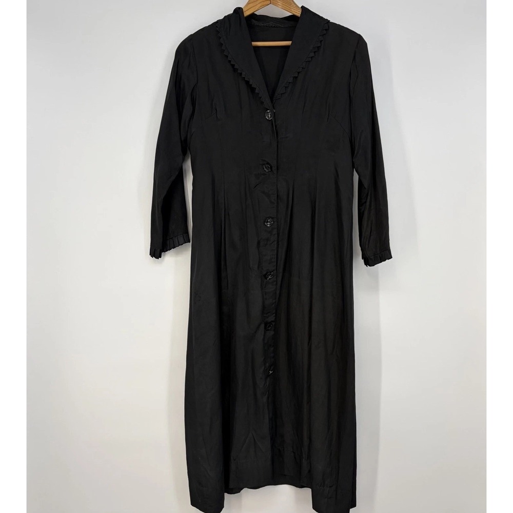 VTG Robe House Coat Women S Black 60s Triangle Trimmed‎ Collar Heritage Granny